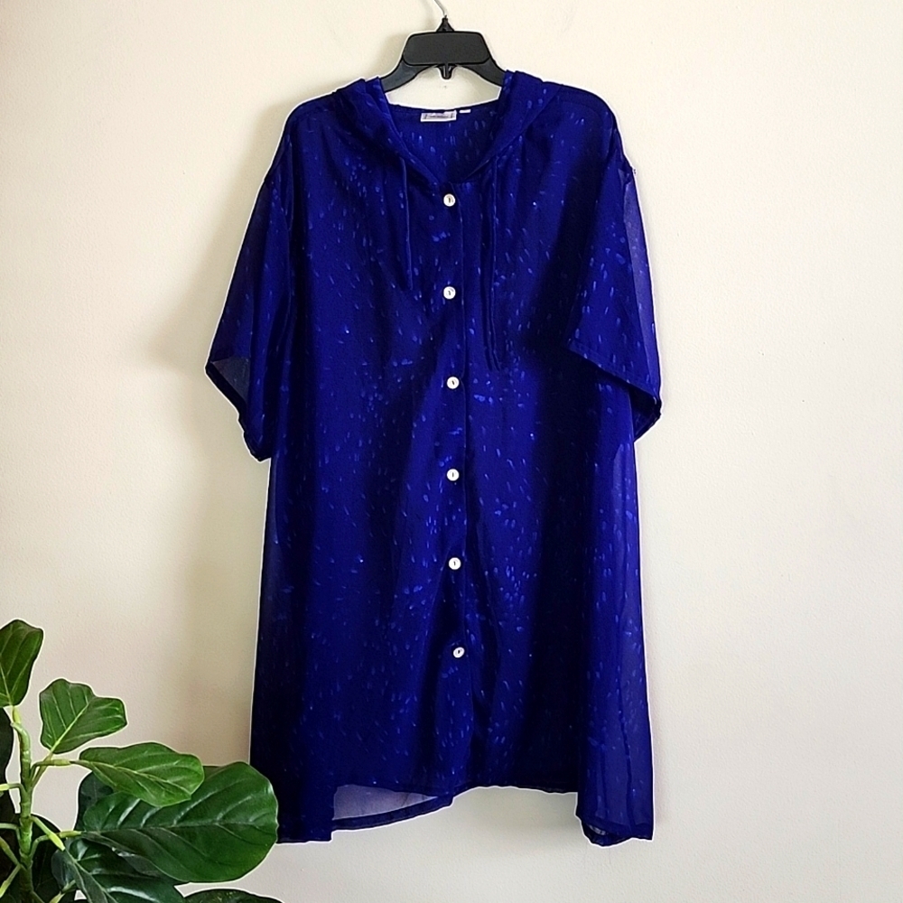 Hi Lites Women's 4X button front hooded semi sheer swimsuit coverup blue printed